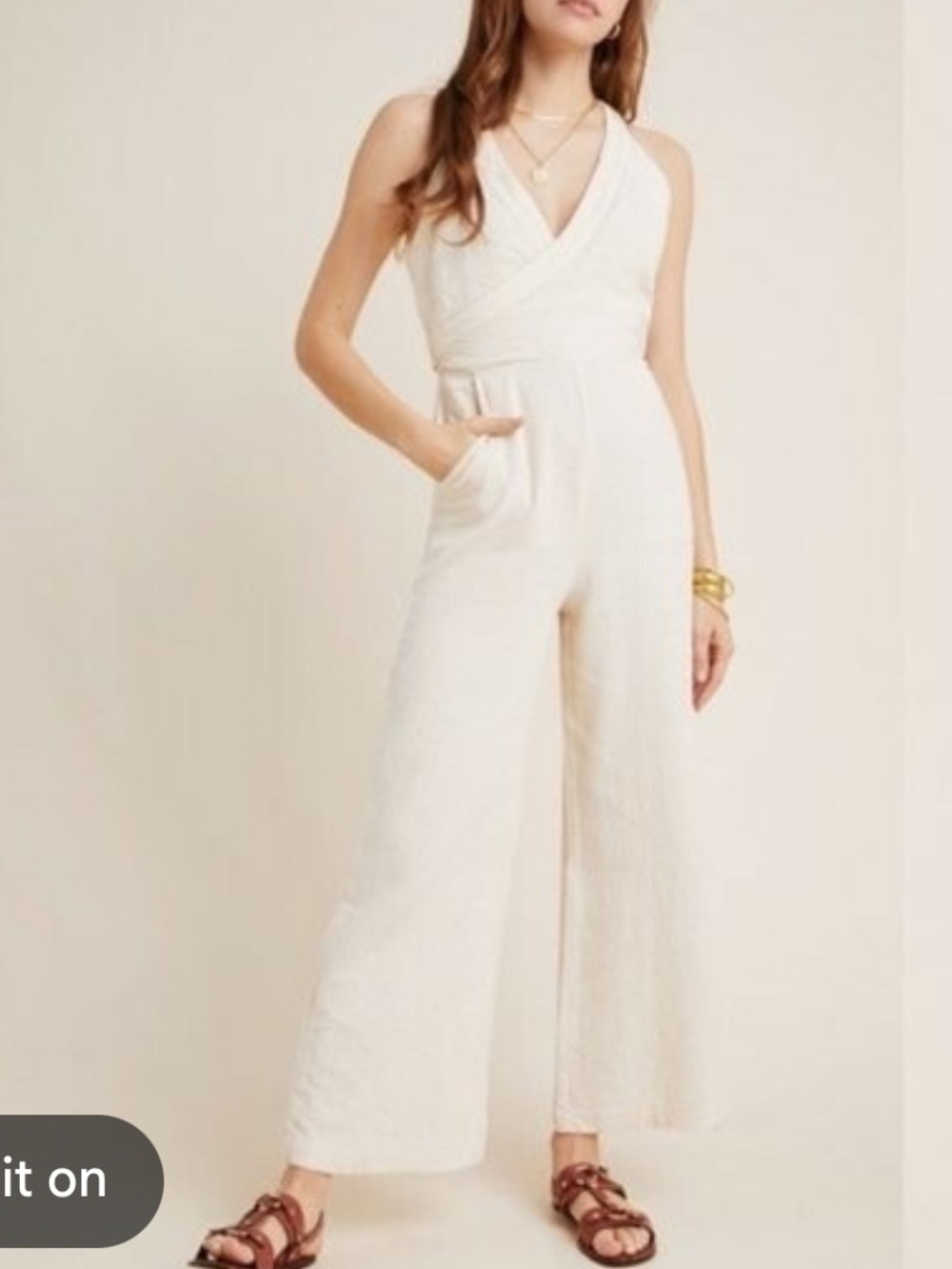 Anthropologie woman’s textured Sleeveless Wide-Leg Cream Jumpsuit size S